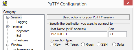 Connessione telnet con Putty